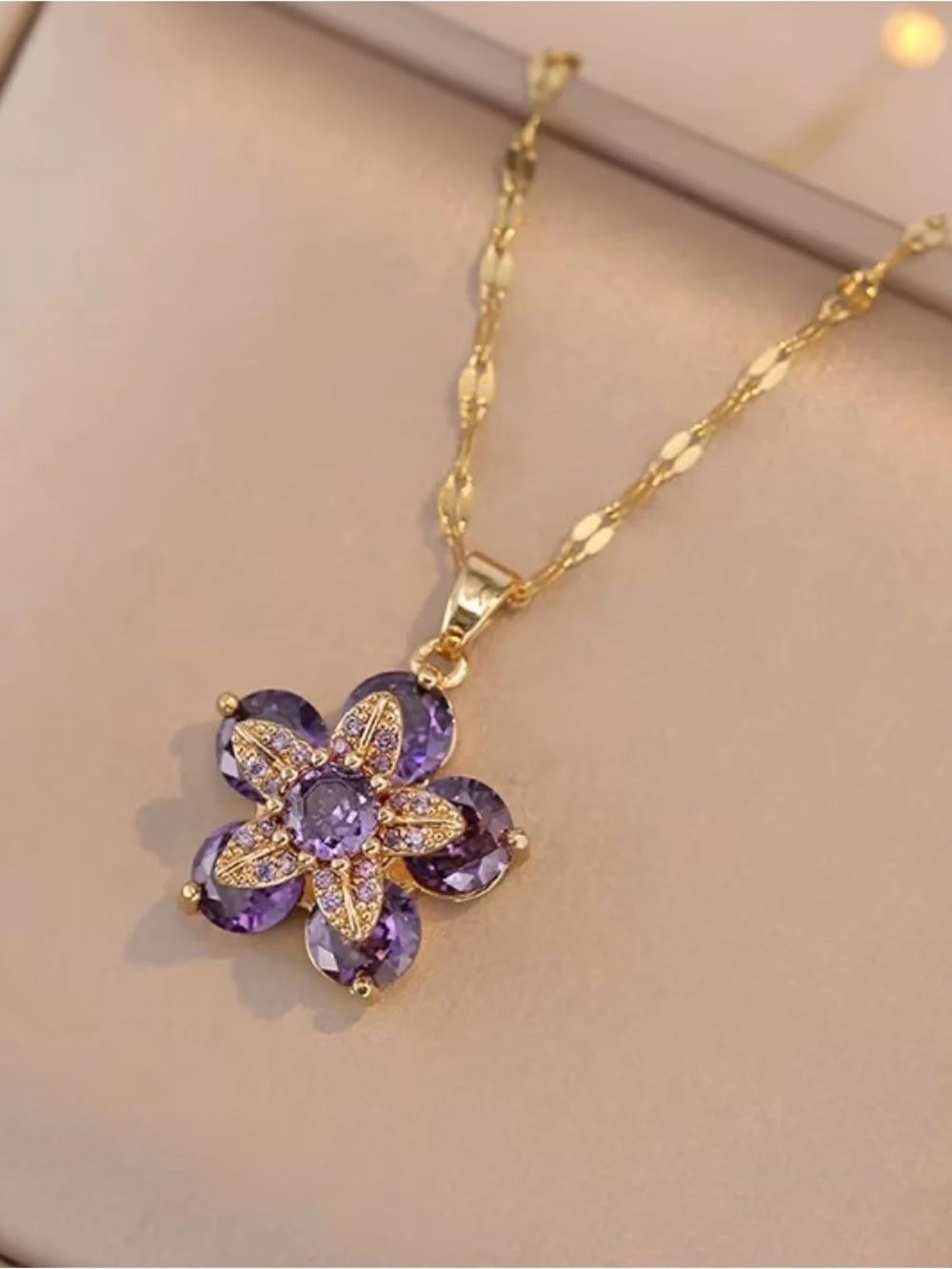 Gorgeous Gold and Purple Gemstone Flower Pendant Necklace - Picture 5 of 8